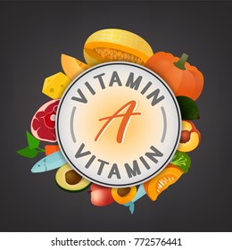 Vitamin A banner. Beautiful vector illustration with caption lettering and top foods highest in vitamin A isolated on a dark grey background. Useful for leaflet, brochure or poster design