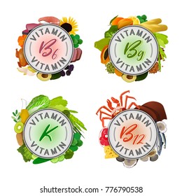 Vitamin banner. Beautiful vector illustrations with caption lettering and top foods highest in different vitamins isolated on a light background. Useful as a header or other graphic element.