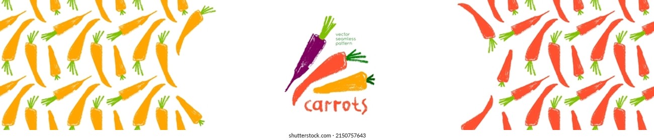 Vitamin A banner with vector carrot pattern seamless. Textured hand-drawn carrots background. Healthy eating concept. Vegetable drawing for vitamin pack label, natural juice packaging. Beta carotene.