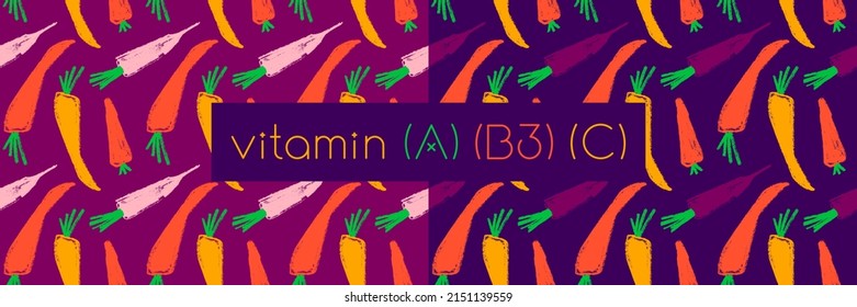 Vitamin A banner with vector carrot pattern seamless. Textured hand-drawn carrots background. Healthy eating concept. Vegetable drawing for vitamin pack label, natural juice packaging. Beta carotene.