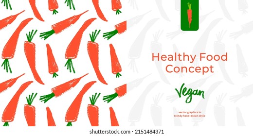 Vitamin A banner with vector carrot pattern seamless. Textured hand-drawn carrots background. Healthy eating concept. Vegetable drawing for vitamin pack label, natural juice packaging. Beta carotene.