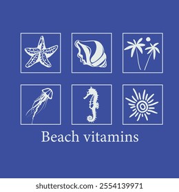 Vitamin beach. Quotes and phrases about summer time. Stationary collection of vector summer card templates. Hand drawn artistic background for print