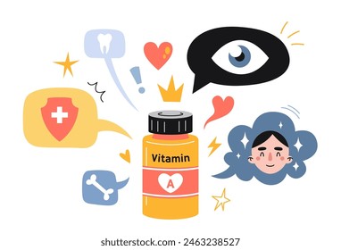 Vitamin A-Vorteile, Glas mit Tabletten und Sprechblase. Support des Immunsystems, Hautpflege, Augengesundheit und gutes Sehvermögen, gesunde Zähne und Knochen. Isolierte Cartoon-Vektorillustration, flach