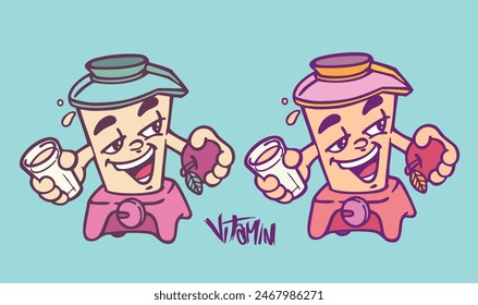 VITAMIN BLENDER MASCOT - WITH APPLE AND CUP IN HAND ON COLORED BACKGROUND