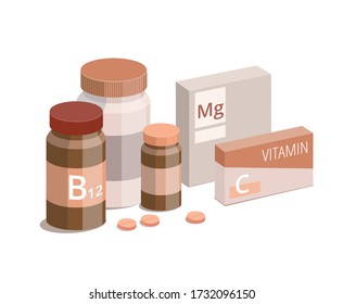 Vitamin bottles and medical pills on white background. Vector Illustration