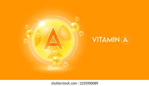 Piel protectora de la fórmula química sérica del colágeno de la vitamina A y de la molécula átomo de burbuja. Complemento nutricional antiedad para el cuidado de la piel complejo multivitamínico. En el fondo naranja. vector 3D.