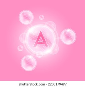 Piel protectora de la fórmula química sérica del colágeno de la vitamina A y de la molécula átomo de burbuja. Complemento nutricional antiedad para el cuidado de la piel complejo multivitamínico. En el fondo rosado. vector 3D.