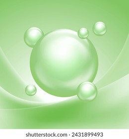 Vitamin bubbles on abstract green background. Banner for cosmetic beauty products, health nutrition, skin care. Vitamin complex design Vector illustration