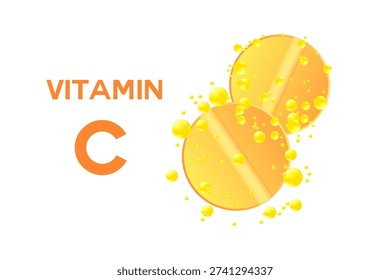 Vitamin C 3D effervescent tablets icon isolated, transparent background, fluid yellow flowing bubble fizz, orange, lemon flavor health supplement, beauty product banner, presentation, infographic