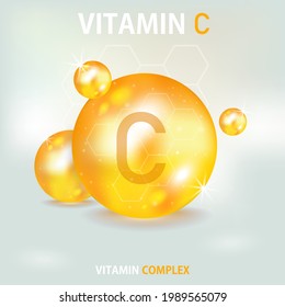 Vitamina C en estilo 3d sobre fondo dorado. Cápsula de gota de vitamina. Ilustración vectorial aislada. Atención de la salud. Ilustración vectorial 3d. Diseño de ilustración vectorial.