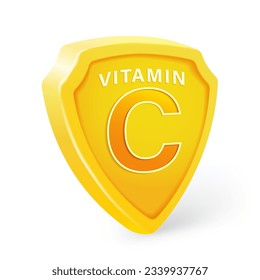 Escudo amarillo de vitamina C 3d. Proteger el cuerpo y mantener la salud. Etiquetar suplementos alimenticios, multivitaminas, salud médica.