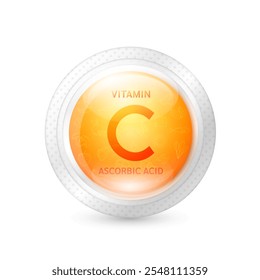 Vitamin C oder Ascorbinsäure in Kapsel transparenter Kunststoff auf weißem Hintergrund. Orangenpille aus frischen Früchten Zitrusfrüchte reich an Vitaminmineralien. Natürliche alternative Ergänzungen. Vektor 3D.