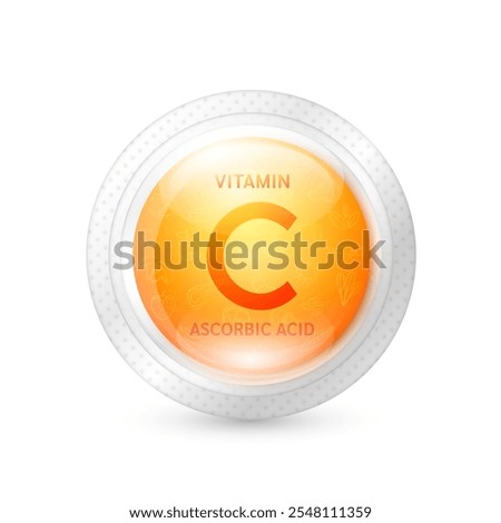 Vitamin C or Ascorbic Acid in capsule transparent plastic on white background. Orange pill from fresh fruits citrus rich in vitamins minerals. Natural alternative supplements. Vector 3D.