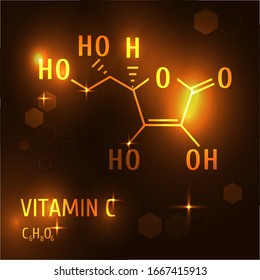 Vitamin C, ascorbic acid chemical formula gold on dark background.Vector illustration. Chemistry, science, health, biology. 