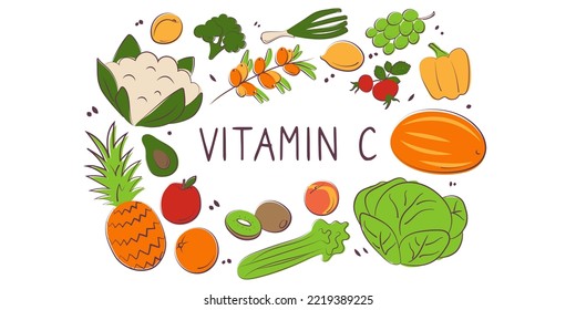 Vitamin C ascorbic acid. Groups of healthy products containing vitamins. Set of fruits, vegetables, meats, fish and dairy