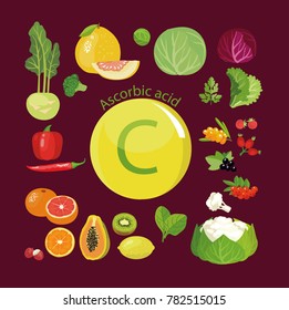 Vitamin C or Ascorbic acid. Natural organic vegetables, fruits and berries with the maximum content of vitamin C. The basis of a healthy diet