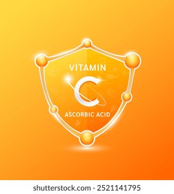 Vitamina C Ácido ascórbico em escudo de molécula laranja. Padrão de frutos e legumes. Suplementos para proteger a saúde. Para produtos nutricionais, alimentos. Ilustração vetorial.