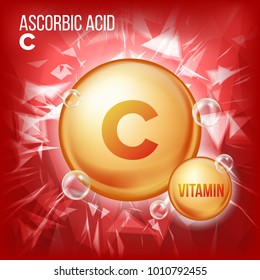Vitamin C Ascorbic Acid. Organic Vitamin Gold Pill Icon. Medicine Capsule, Golden Substance. For Beauty, Cosmetic, Heath Promo Ads Design. Vitamin Complex Formula. Illustration