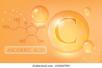 Vitamin C, Ascorbic acid, water drops, capsule on an orange gradient background. Vitamin complex with chemical formula. Information medical poster.