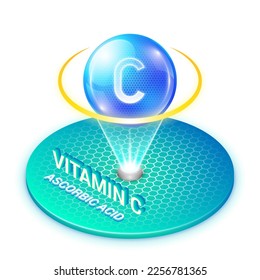 Vitamina C Ácido ascórbico Agua soluble Esfera isométrica Holograma Símbolo de ciencia aislado sobre fondo blanco para ciencia Medicina