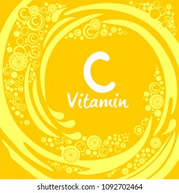 Vitamin C. Ascorbic acid. Yellow background with blots and lemon. Treatment cold flu.  Vector Illustration