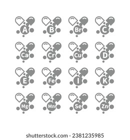 Vitamin C, B, D capsules vector icon set. Micronutrients and supplements, magnesium and zinc icons.