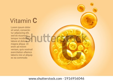 Vitamin C. Baner with vector images of golden balls with oxygen bubbles. Health concept. 