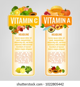 Vitamin A and Vitamin C banners with place for text. Vertical vector illustrations with caption lettering and top foods highest in vitamins isolated on a light grey background. Useful design element.