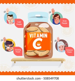 Vitamin c bottle with people who need vitamin c - vector illustration