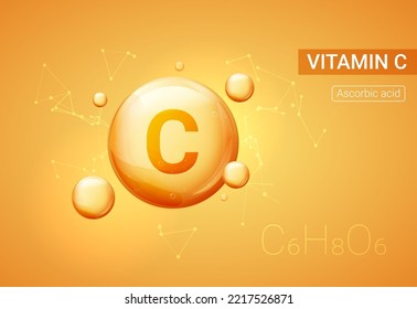 Vitamin C bubble background collagen serum pill drop icon. Skin vector health acid yellow vitamin c concept