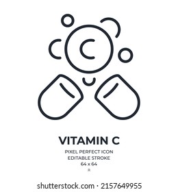 Vitamin C capsule editable stroke outline icon isolated on white background flat vector illustration. Pixel perfect. 64 x 64.