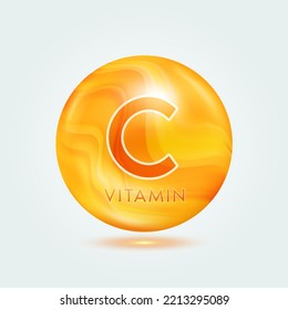 Vitamin C capsule orange golden. Beauty nutrition skincare. Vitamins complex isolated on gray background. For product design. Medical and scientific concepts. Icon 3D Vector EPS10.