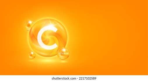 Vitamin C capsule orange golden. Vitamins complex isolated on orange background. Beauty nutrition skincare. For product banner design with copy space for text. Medical concepts. Icon 3D Vector EPS10.