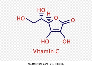 Vitamin C chemical formula. Vitamin C structural chemical formula isolated on transparent background.