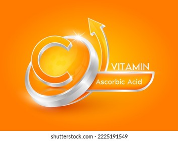 Vitamin C in circle shape orange with arrow. Used for designing dietary supplements or beauty products. Medical concepts. Isolated 3d icon. Vector EPS10 illustration.