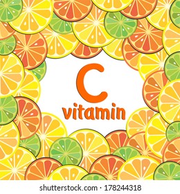 Vitamin C. Citrus fruit background vector - Lemon, Lime and Orange. Citrus texture background with slices of lemon, lime and orange. Vector stylized background.