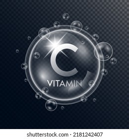 Vitamin C collagen in the form of a bubbles transparent with white drops water surround. Isolated 3D Vector. Used for advertising cosmetic products.