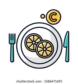 Vitamin C color icon. Sliced lemon on plate. Cut fruit. Eat citrus. Common cold precaution. Flu virus prevention. Grippe cure. Influenza infection aid. Healthcare. Isolated vector illustration