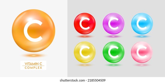 Vitamin C complex. Set of colorful balls multivitamins capsules minerals isolated on grey background. Dietary supplement for pharmacy advertisement, package design. Vector EPS10.