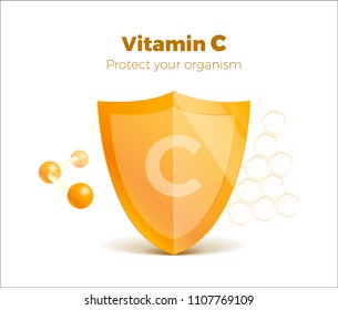 Vitamin C concept 3d shield with molecule, protected guard. Presentation shining sticker shield. Isolated on white. Meds for heath ads. Treatment cold flu. Vector illustration. Eps 10