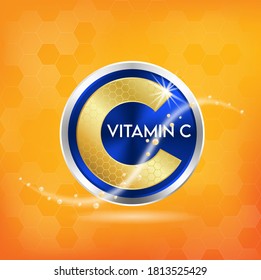 Vitamin C concept label in golden letters in blue frame on orange background. For design for products. Vector EPS10