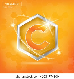 Vitamin C concept label in orange letters in Hexagonal silver frame. For designing for products. Vector EPS10 illustration