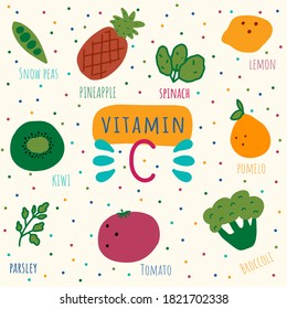 Vitamin C containing foods: broccoli, spinach, lemon, pomelo, kiwi, pineapple, snow peas, parsley, tomato. Ascorbic acid vitamins hand drawn vector illustration.