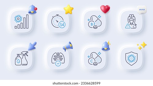 Vitamin c, Coronavirus statistics and Lungs line icons. Buttons with 3d bell, chat speech, cursor. Pack of Cleaning liquids, Nurse, Riboflavin vitamin icon. Quarantine, Coronavirus pictogram. Vector