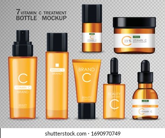 Vitamin C cosmetics, mask, cream and serum set, beauty company, skin care bottle, realistic package mockup and fresh citrus, treatment essence, beauty cosmetics, vector banner