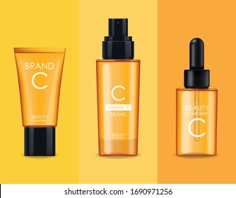 Vitamin C cosmetics, mask, cream and serum set, beauty company, skin care bottle, realistic package mockup and fresh citrus, treatment essence, beauty cosmetics, vector banner
