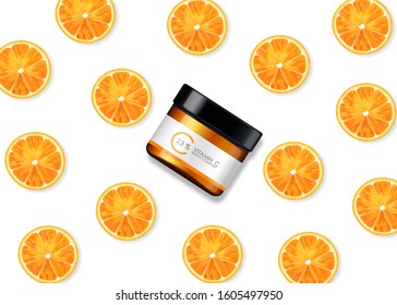Vitamin C cream , beauty company, skin care bottle, realistic package mockup and fresh citrus, treatment essence, beauty cosmetics, white background vector banner