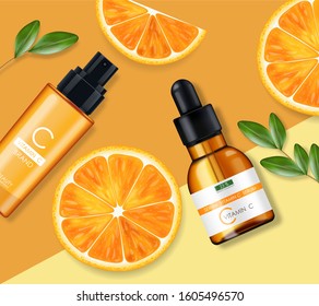 Vitamin C cream and serum set, beauty company, skin care bottle, realistic package mockup and fresh citrus, treatment essence, beauty cosmetics, yellow background vector banner