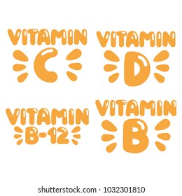 Vitamin C, D, B-12. Hand drawn vector set illustration on white background.