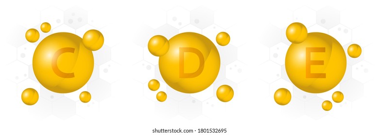 Icono de vitamina C, D, E. Burbuja dorada sobre fondo hexágono. Ilustración del vector